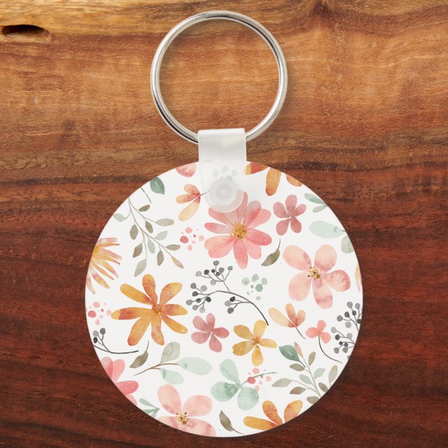Beautiful White Orange Pink Blossom Flower Pattern Keychain (Back)