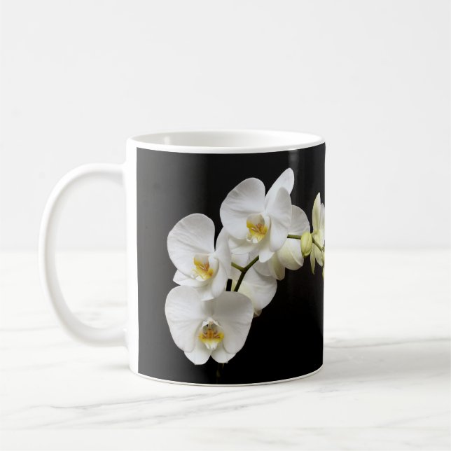 Beautiful White Orchid with Black Background Coffee Mug (Left)