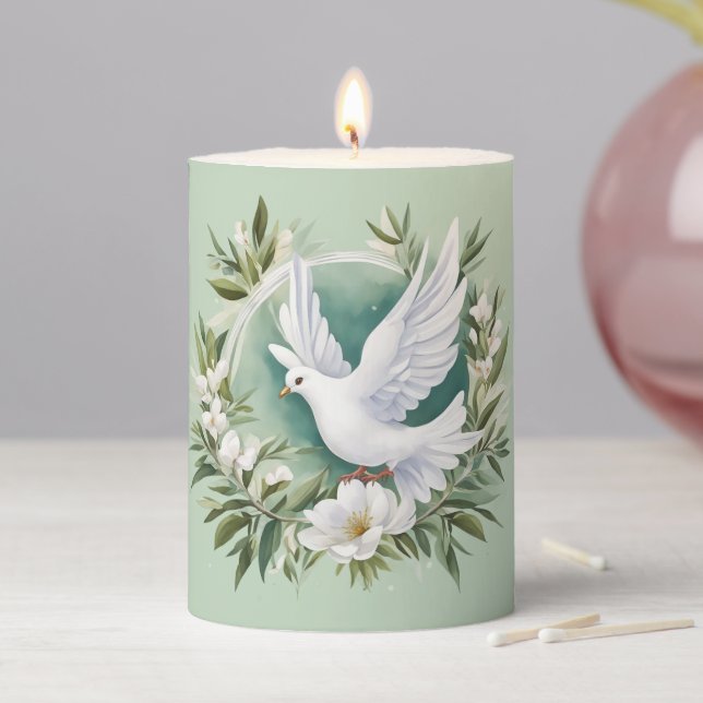 Beautiful White Peace Dove Pillar Candle (In Situ)