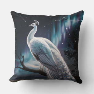 Beautiful White Peacock Aurora Borealis Scenic Throw Pillow