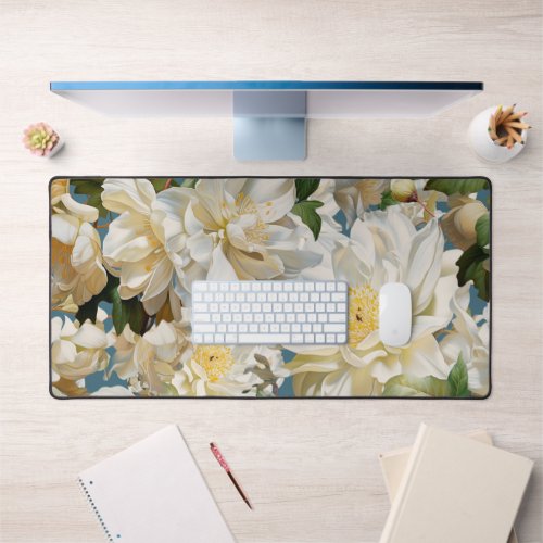 Beautiful white peony and magnolia pattern desk mat