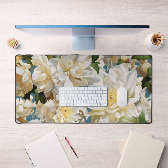 Beautiful white peony and magnolia pattern desk mat (Office 1)