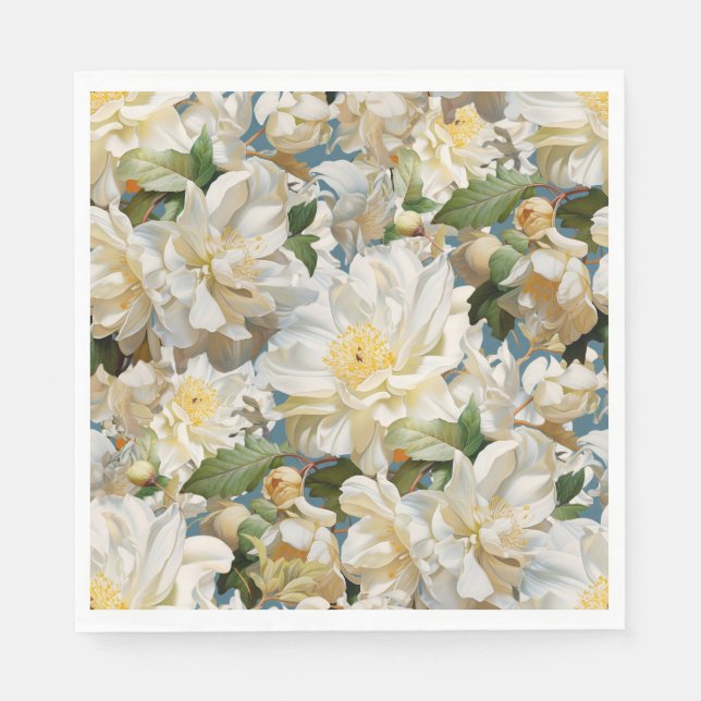 Beautiful white peony and magnolia pattern napkins (Front)