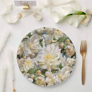 Beautiful white peony and magnolia pattern paper plates