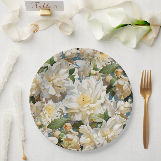 Beautiful white peony and magnolia pattern paper plates (Wedding)