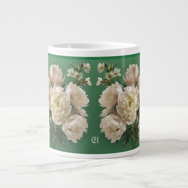 Beautiful White & Pink Peonies Name Monogram Giant Coffee Mug (Front)