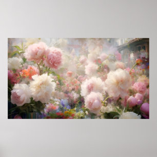 Beautiful White & Pink Peonies Watercolor Painting Poster