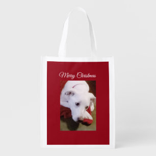 Beautiful White Puppy DogPhoto Red Christmas Grocery Bag