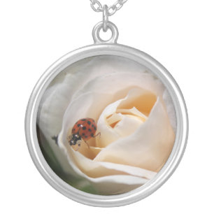 beautiful white rose flower and ladybug silver plated necklace