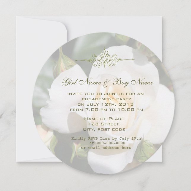 Beautiful white rose flower engagement party invitation (Front)