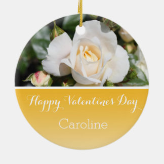 Beautiful white rose flower happy Valentine's Day Ceramic Ornament