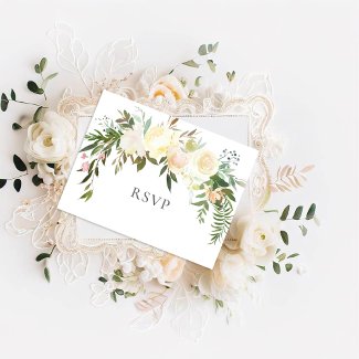 Beautiful White Roses Floral Wedding RSVP Postcard