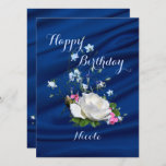 Beautiful White Roses for Daughter's Birthday Card<br><div class="desc">White roses, bluebells and pink posies bring a lovely natural touch to happy birthday greeting card for your daughter. The deep blue fabric drape background adds an elegant touch. Custom name on front and back text may be personalized in the template provided. May your life continue to bloom and grow....</div>