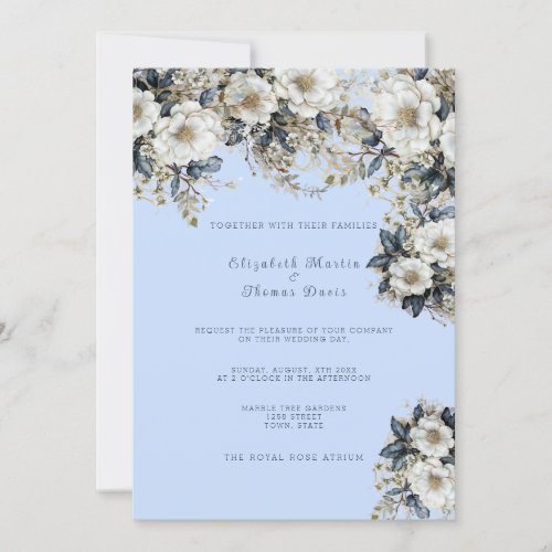 Beautiful  White Roses Vines Blue Leaves Invitation