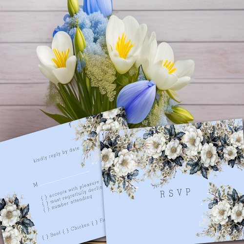 Beautiful White Roses Vines Blue Leaves RSVP Card