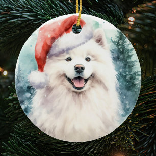 Beautiful White Samoyed Watercolor Christmas Ceramic Ornament