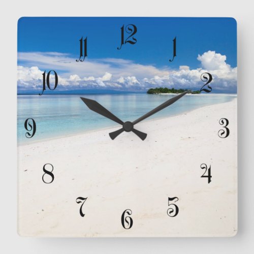 Beautiful white sand beach and turquoise ocean square wall clock