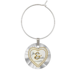Beautiful White Satin & Metallic Gold Wedding Wine Glass Charm