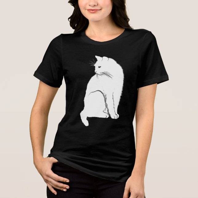 Beautiful White Sitting Cat Tri-Blend Shirt (Front)