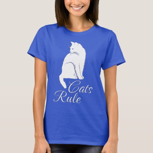 Beautiful White Sitting Cat with Cats Rule Text T_Shirt