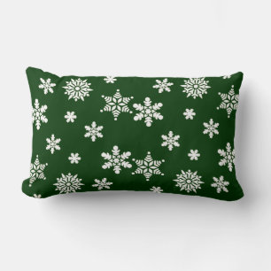 Beautiful White snowflakes on a green background Lumbar Pillow