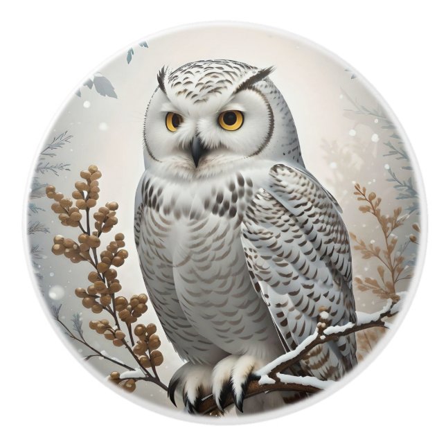 Beautiful White Snowy Owl Winter Theme Ceramic Knob (Front)