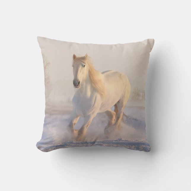 Beautiful White Stallion Running Through the Snow Throw Pillow (Front)