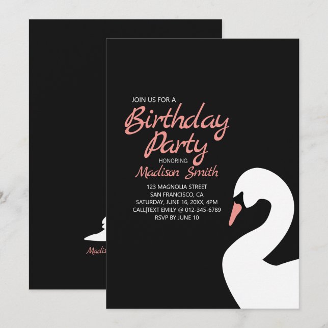 Beautiful White Swan Birthday Invitation (Front/Back)