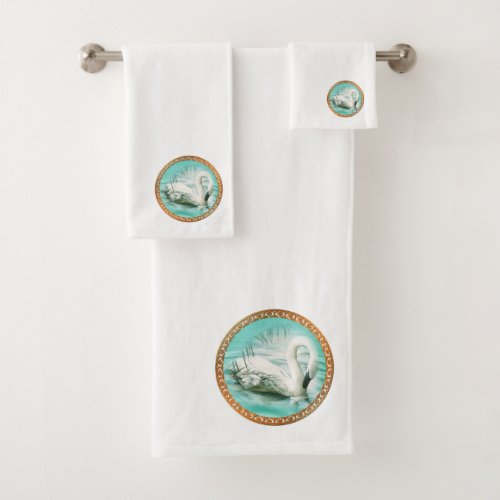 Beautiful white swan in a turquoise blue water bath towel set