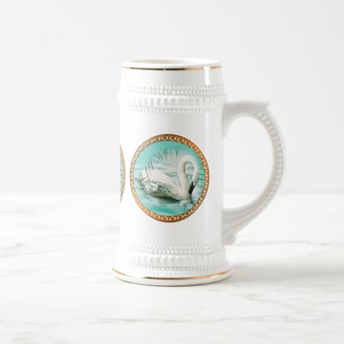Beautiful white swan in a turquoise blue water beer stein