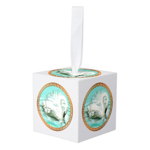 Beautiful white swan in a turquoise blue water cube ornament