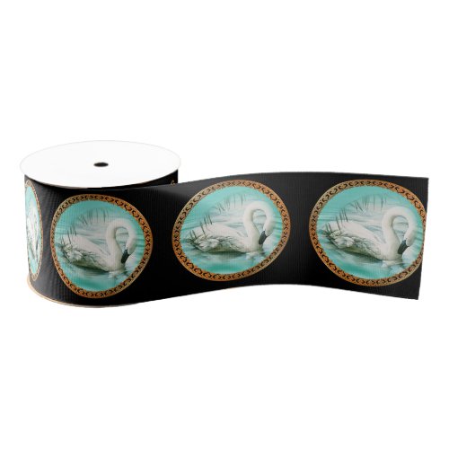 Beautiful white swan in a turquoise blue water grosgrain ribbon