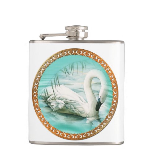Beautiful white swan in a turquoise blue water hip flask