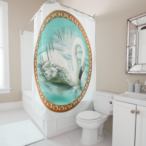 Beautiful white swan in a turquoise blue water shower curtain