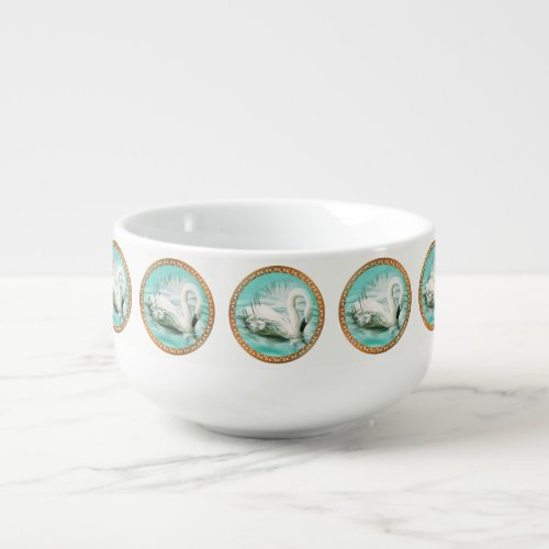 Beautiful white swan in a turquoise blue water soup mug