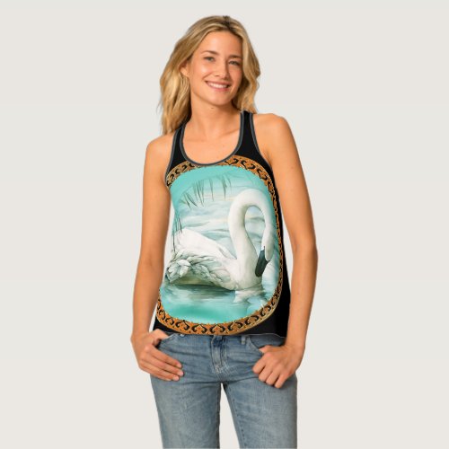 Beautiful white swan in a turquoise blue water tank top