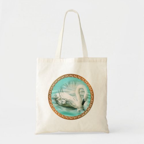 Beautiful white swan in a turquoise blue water tote bag