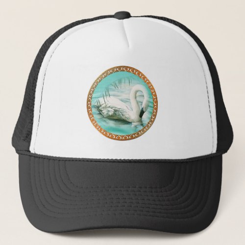 Beautiful white swan in a turquoise blue water trucker hat