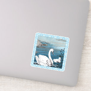 Beautiful White Swan Lake With Baby Fancy border Sticker