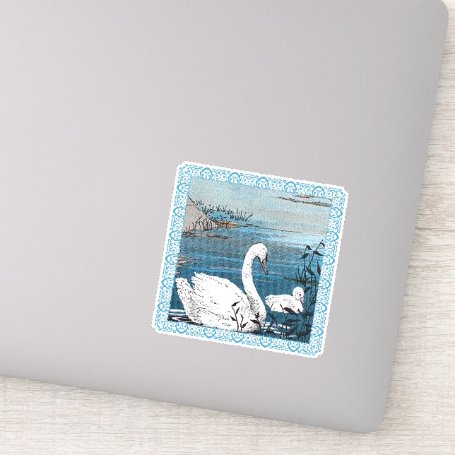 Beautiful White Swan Lake With Baby Fancy border Sticker (Detail)