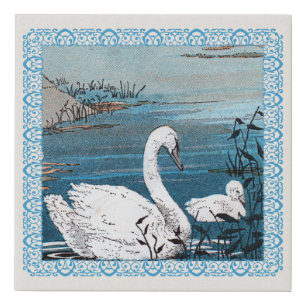 Beautiful White Swan Swimming in Lake with Baby Faux Canvas Print