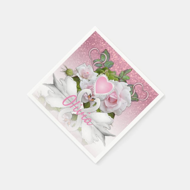 Beautiful White Swans - Personalize Napkins (Corner)