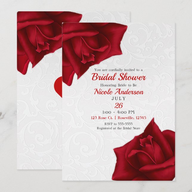 Beautiful White Texture Red Roses Bridal Shower Invitation (Front/Back)