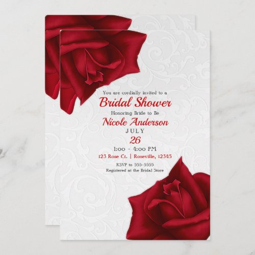 Beautiful White Texture Red Roses Bridal Shower Invitation