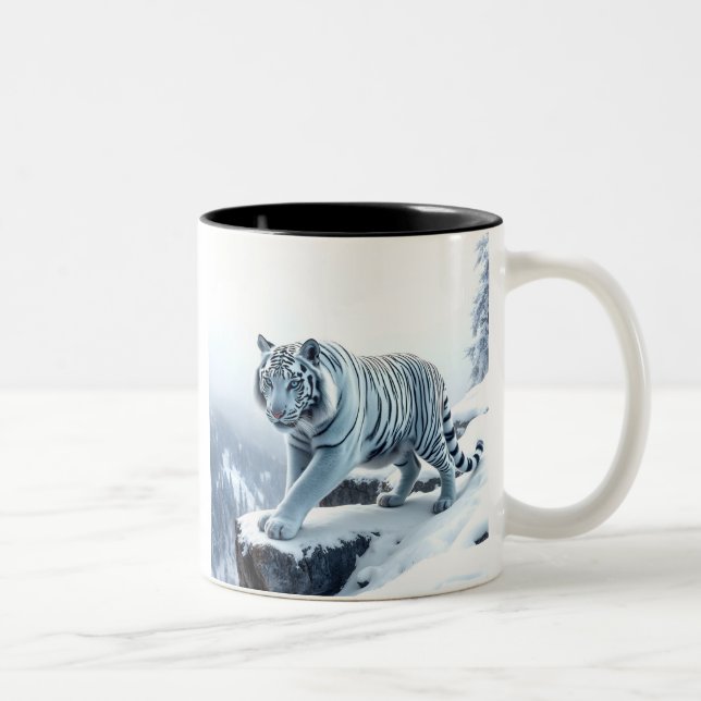 Beautiful White Tiger On Snow Covered Cliffs Two-Tone Coffee Mug (Right)
