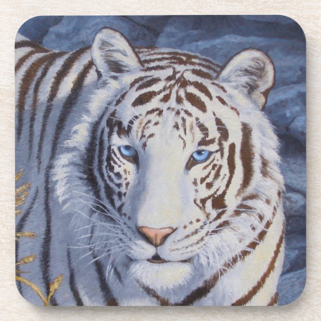 Beautiful White Tiger with Crystal Blue Eyes Beverage Coaster (Front)