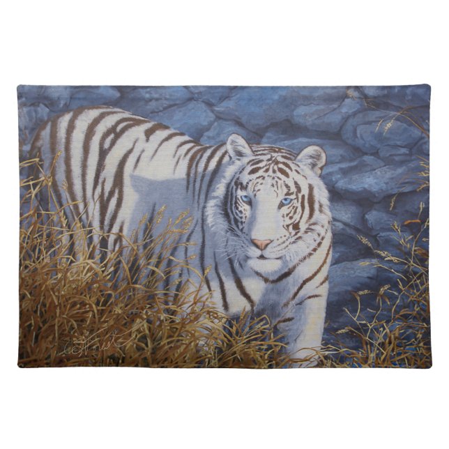 Beautiful White Tiger with Crystal Blue Eyes Cloth Placemat (Front)