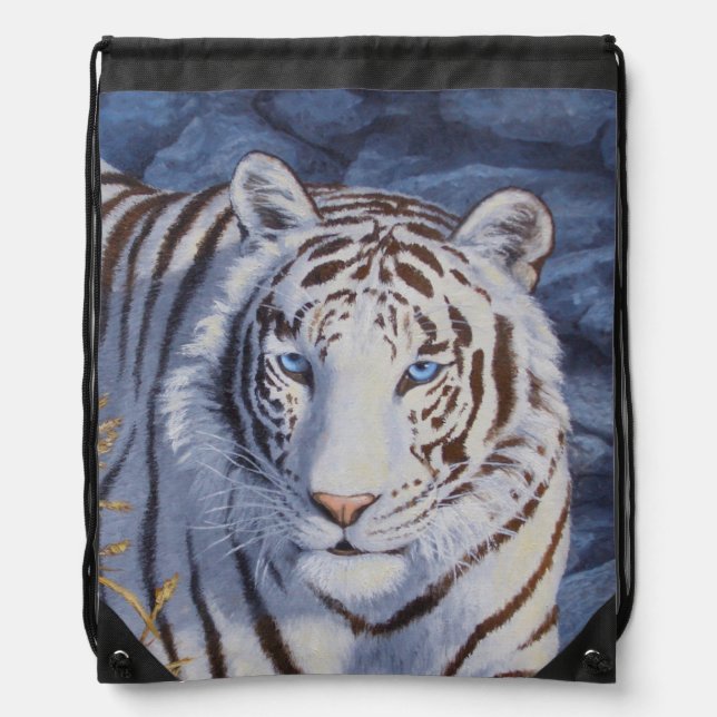 Beautiful White Tiger with Crystal Blue Eyes Drawstring Bag (Front)