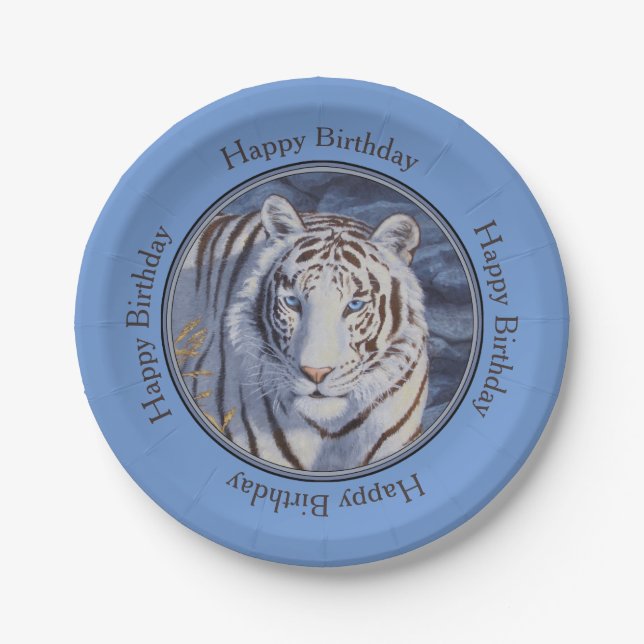 Beautiful White Tiger with Crystal Blue Eyes Paper Plates (Front)