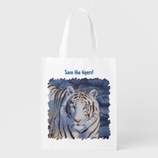 Beautiful White Tiger with Crystal Blue Eyes Reusable Grocery Bag